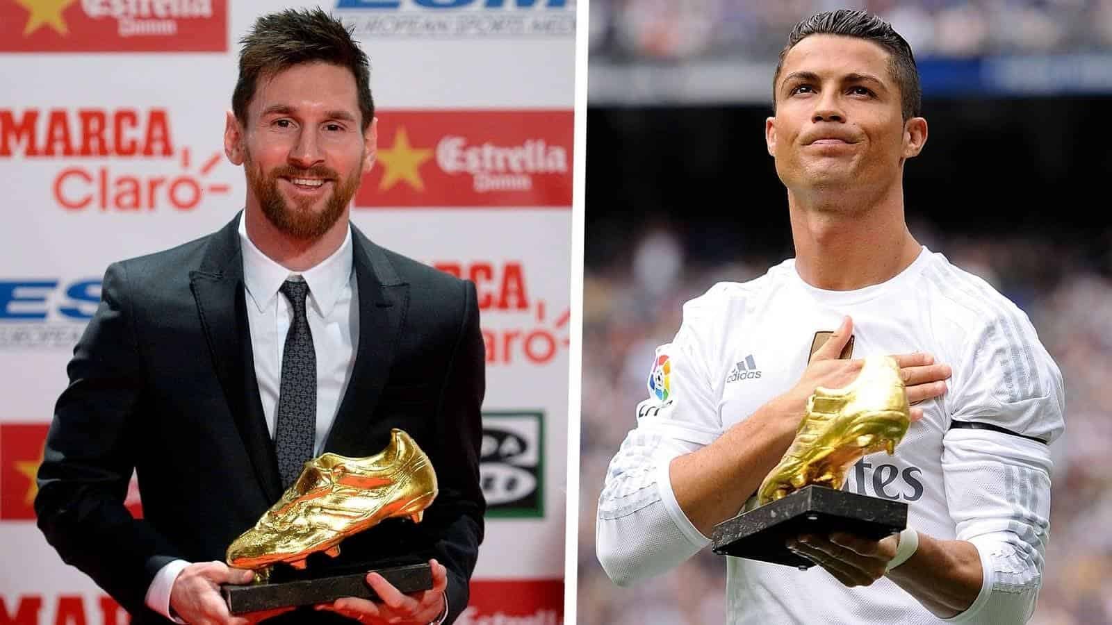 Lionel Messi and Cristiano Ronaldo each holding the European Golden Shoe, showcasing their accolades in a dual-image format.