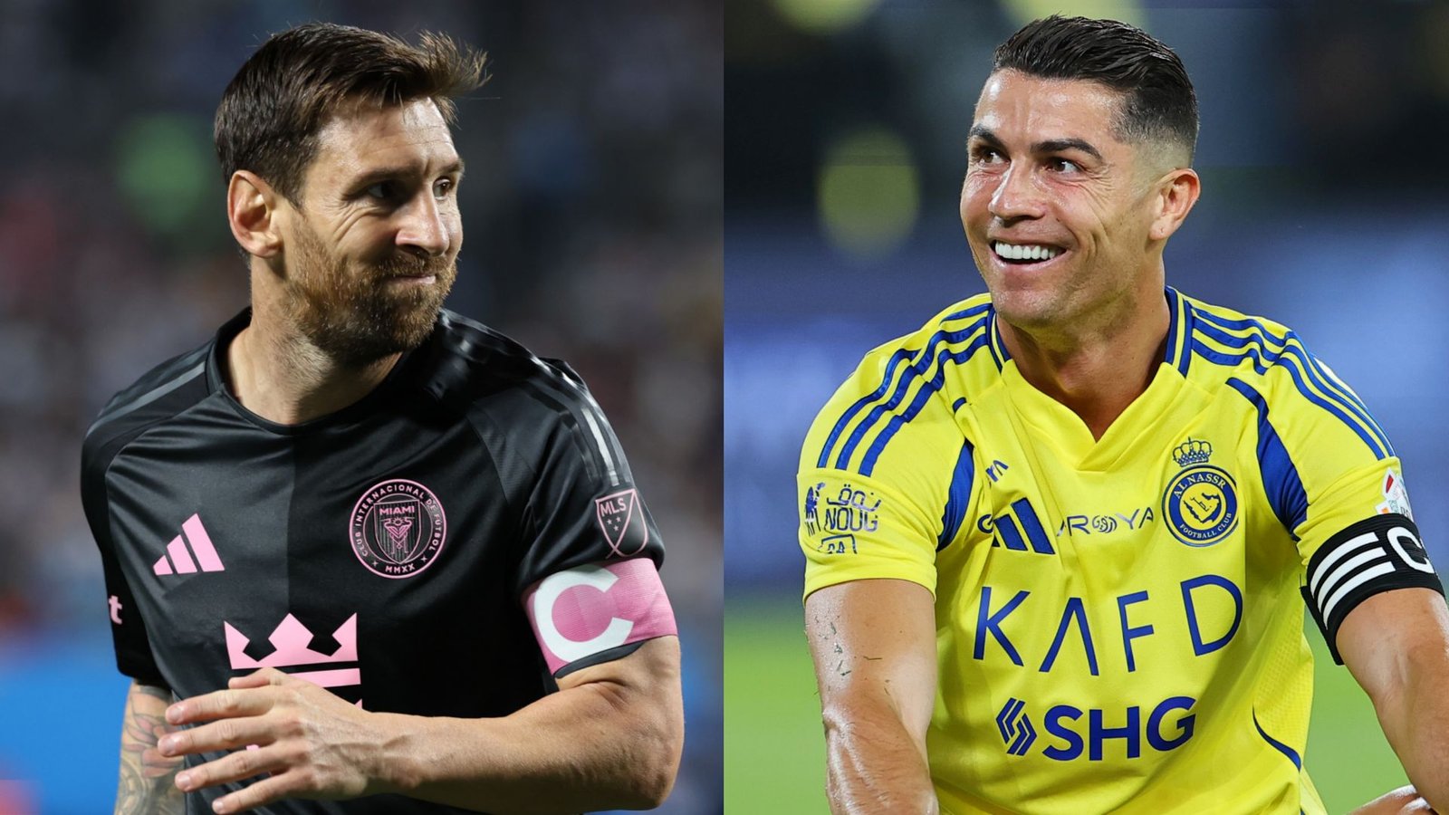 Messi in een zwart Inter Miami-tenue en Ronaldo in een geel Al Nassr-tenue lachen naar elkaar in een split-screen, wat de voetbalrivaliteit illustreert.