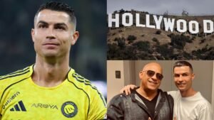 Cristiano Ronaldo portant le maillot jaune d'Al Nassr, aux côtés de Vin Diesel, avec le panneau Hollywood en arrière-plan.