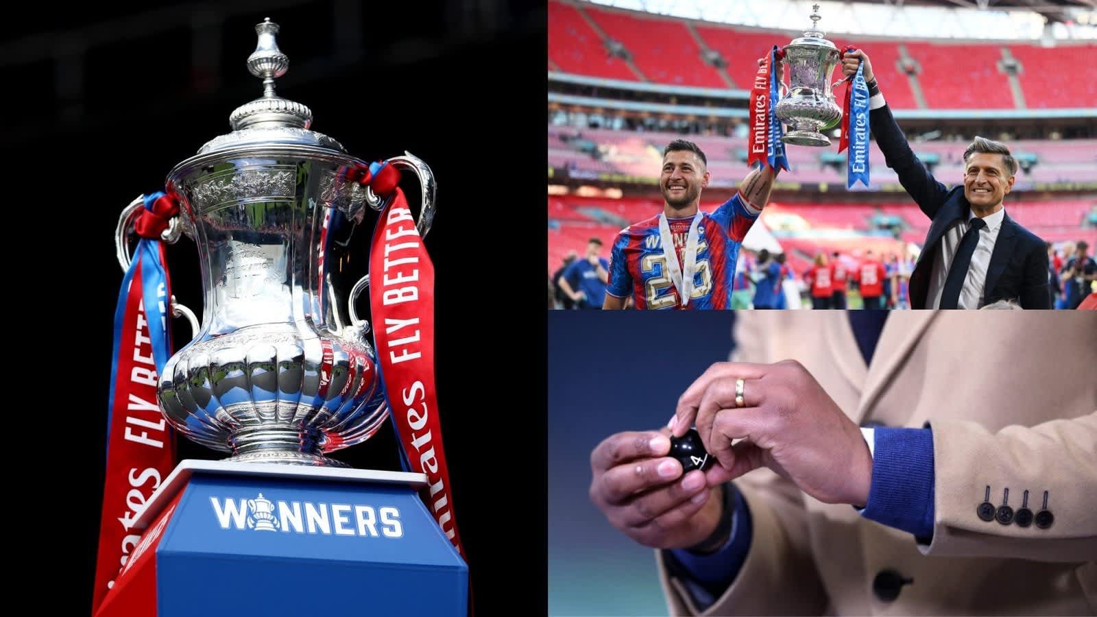 Trophée de la FA Cup avec des rubans bleus et rouges, joueurs en liesse à Wembley, et préparation du tirage au sort avec une main tenant une boule.