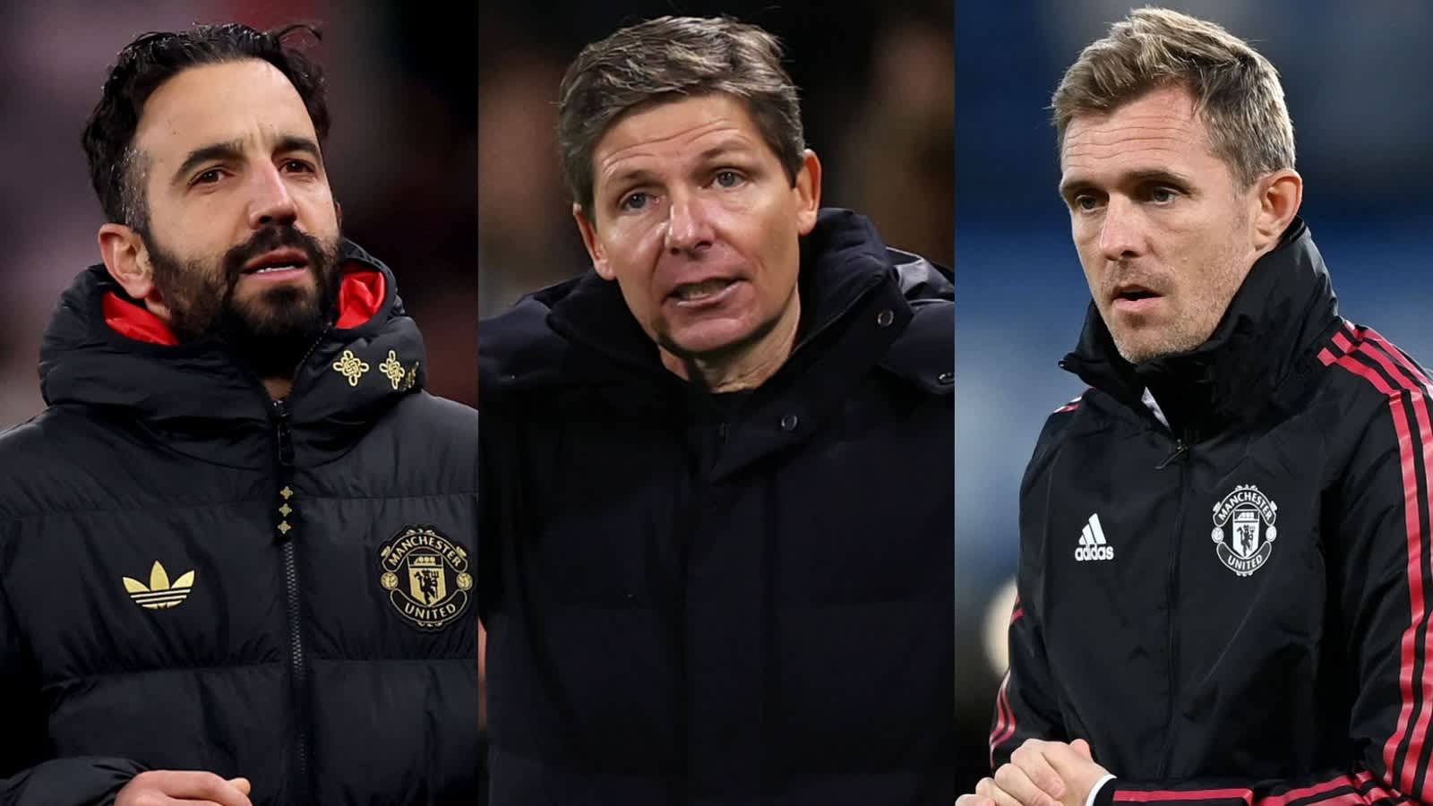 Trois entraîneurs de Manchester United sont présentés dans une image divisée ; à gauche se trouve un entraîneur barbu, au centre une figure à l'air sérieux, et à droite on voit un entraîneur portant une veste noire.