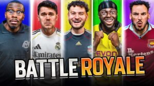 Cinq fans de football affichent des émotions variées, portant des maillots d'équipe sur des arrière-plans vibrants, avec un texte en gras indiquant "BATTLE ROYALE."
