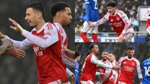 Gabriel Martinelli viert met teamgenoten na het scoren van een hattrick, gekleed in Arsenal's rode en witte outfit tijdens de FA Cup-wedstrijd.