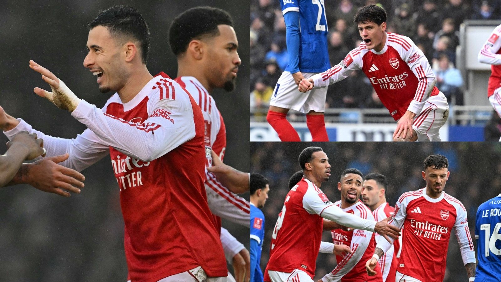 Gabriel Martinelli viert met teamgenoten na het scoren van een hattrick, gekleed in Arsenal's rode en witte outfit tijdens de FA Cup-wedstrijd.