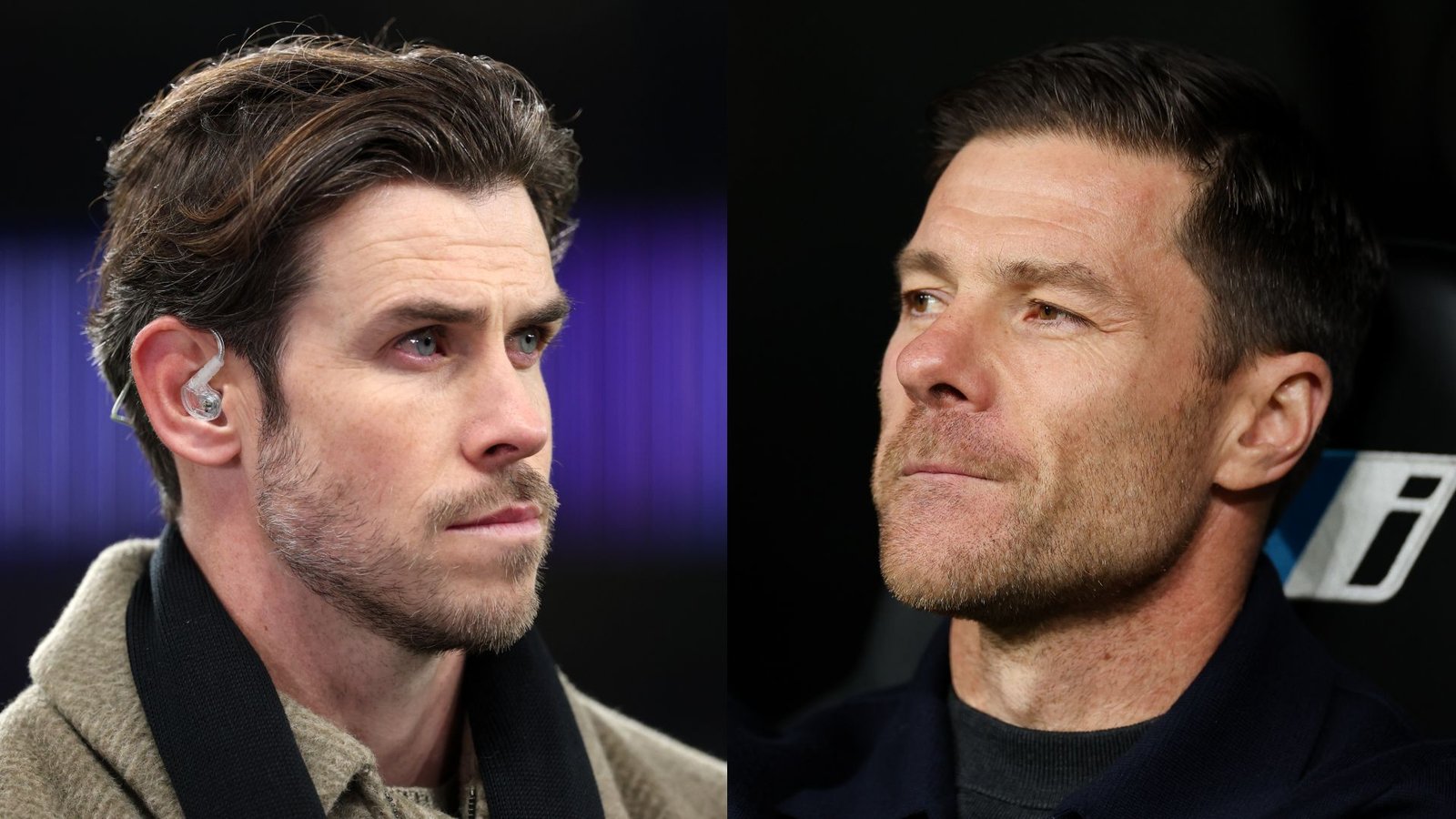 Gareth Bale en Xabi Alonso in profiel, beiden er serieus uitzien; Bale draagt een grijze jas, terwijl Alonso een donker jack draagt, tegen een wazig stadionachtergrond.