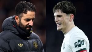 Garnacho sourit en réagissant au licenciement d'Amorim, contrastant avec l'expression sévère de l'entraîneur de Manchester United.