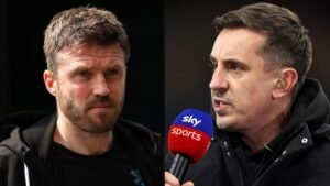 Gary Neville spreekt op Sky Sports, in contrast met een ernstig kijkende Michael Carrick in een split-screen afbeelding.