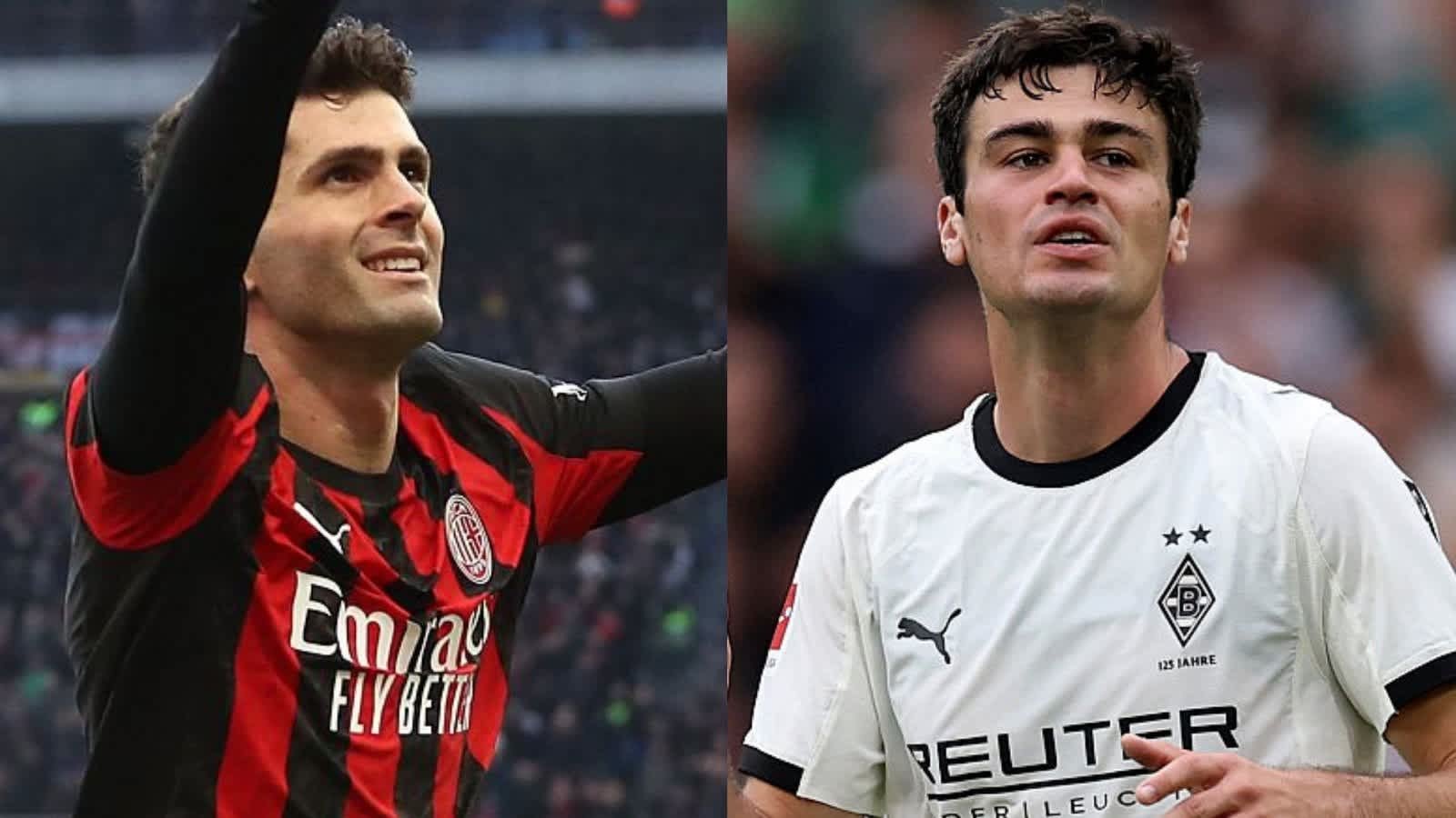 Christian Pulisic dans le maillot rouge et noir de l'AC Milan célébrant un but, et Gio Reyna dans le maillot blanc de Borussia Mönchengladbach, ayant l'air concentré.