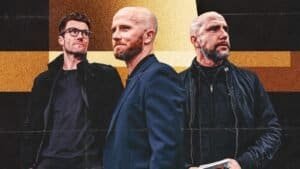 Stylish men in black jackets on a modern geometric background, featured on Bladna News Morocco.