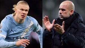 Erling Haaland in het hemelsblauwe tenue van Manchester City aan de linkerkant, en Pep Guardiola in een zwarte jas, gebarend aan de rechterkant.