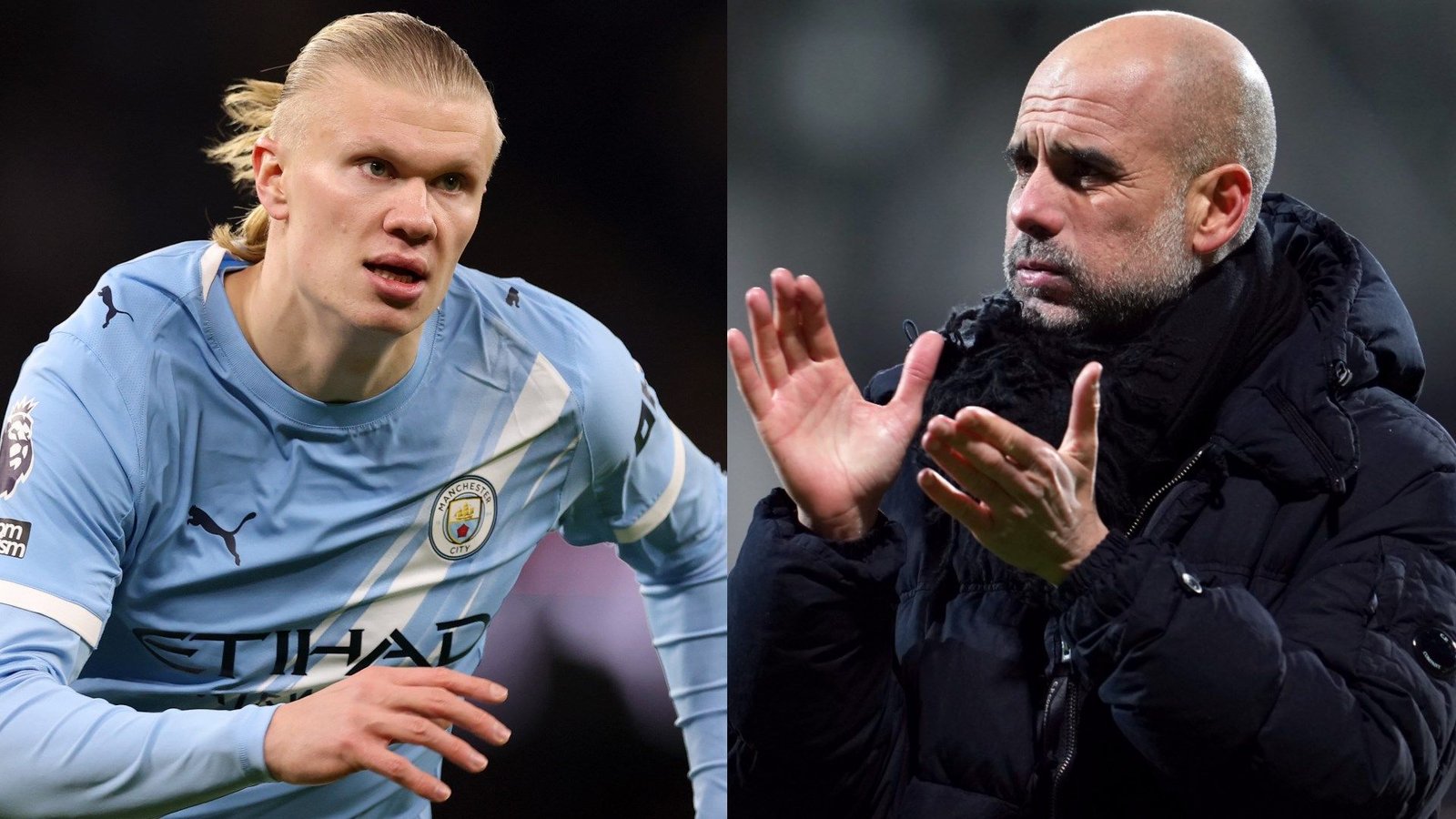 Erling Haaland in het hemelsblauwe tenue van Manchester City aan de linkerkant, en Pep Guardiola in een zwarte jas, gebarend aan de rechterkant.