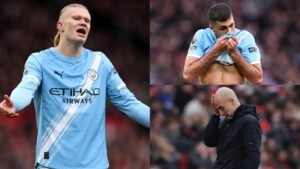 Haaland gesticule avec frustration lors de la défaite de Manchester City en derby face à Manchester United, tandis que ses coéquipiers affichent des signes de défaite et de déception.