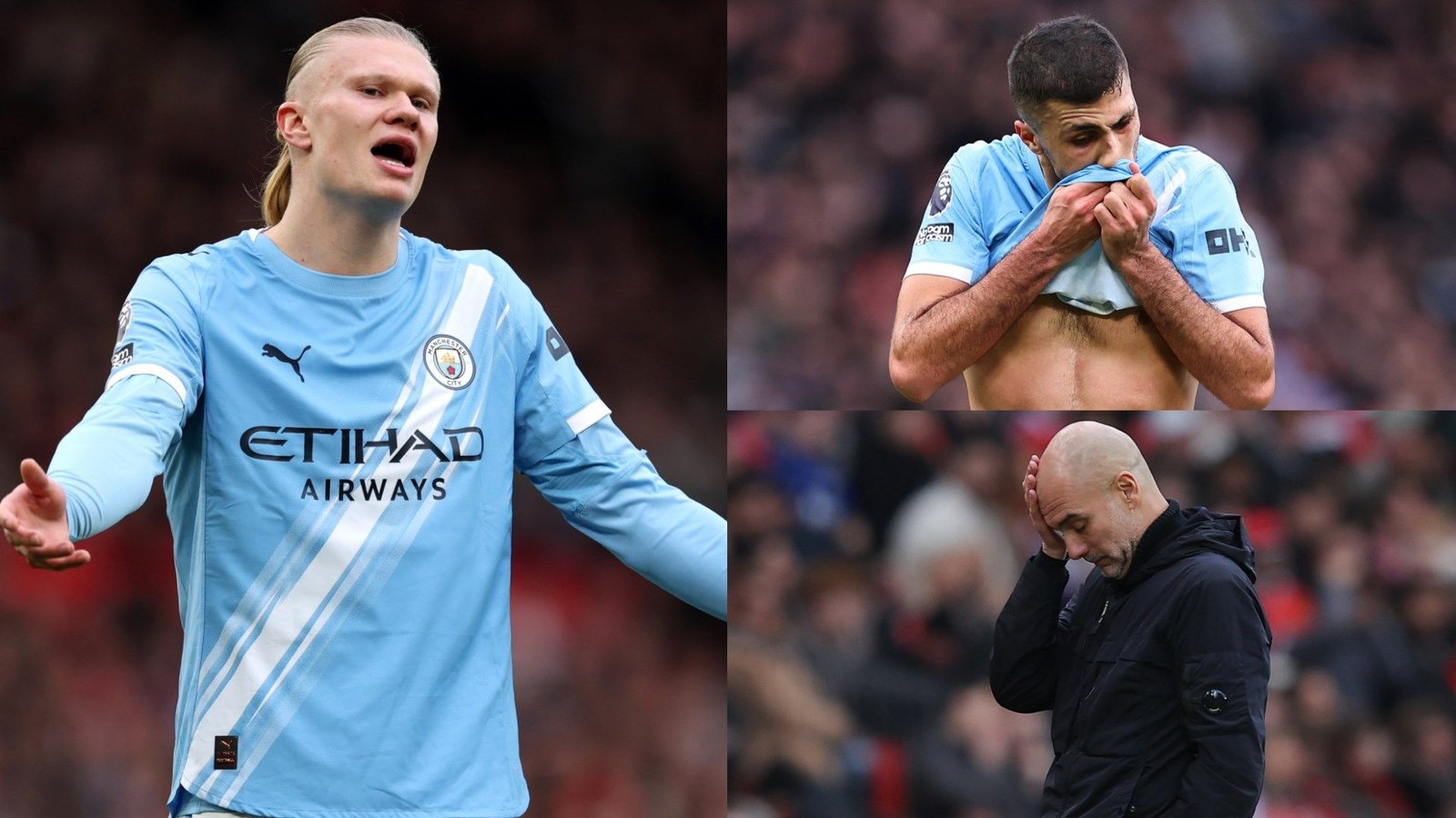 Haaland gesticule avec frustration lors de la défaite de Manchester City en derby face à Manchester United, tandis que ses coéquipiers affichent des signes de défaite et de déception.