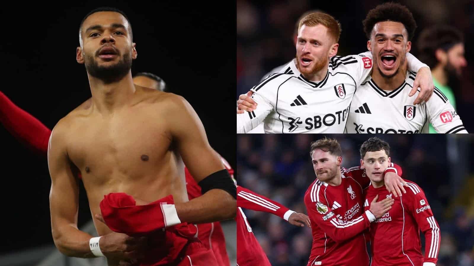 Harrison Reed célèbre avec ses coéquipiers après son but dans le temps additionnel, privant Liverpool de la victoire, avec des joueurs de Fulham et de Liverpool.