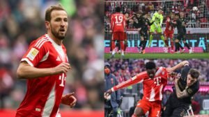 Harry Kane in het rode tenue van Bayern München, in actie tijdens de wedstrijd, met scènes van intense wedstrijdactie tegen Augsburg, die de levendige stadionenergie tonen.