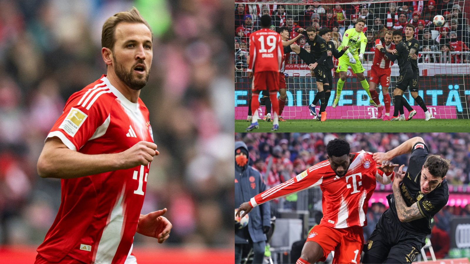 Harry Kane in het rode tenue van Bayern München, in actie tijdens de wedstrijd, met scènes van intense wedstrijdactie tegen Augsburg, die de levendige stadionenergie tonen.