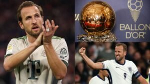 Harry Kane die juicht in het Engelse tenue, naast een Ballon d'Or-trofee en een applausgebaar, wat zijn ambitie voor eerbewijzen benadrukt.