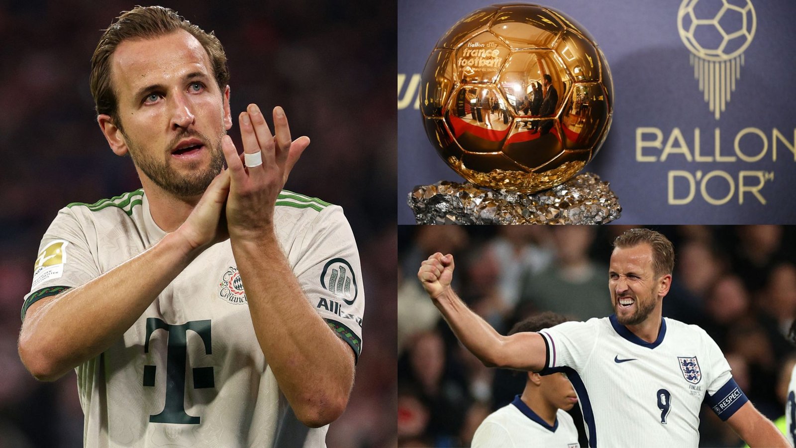 Harry Kane die juicht in het Engelse tenue, naast een Ballon d'Or-trofee en een applausgebaar, wat zijn ambitie voor eerbewijzen benadrukt.