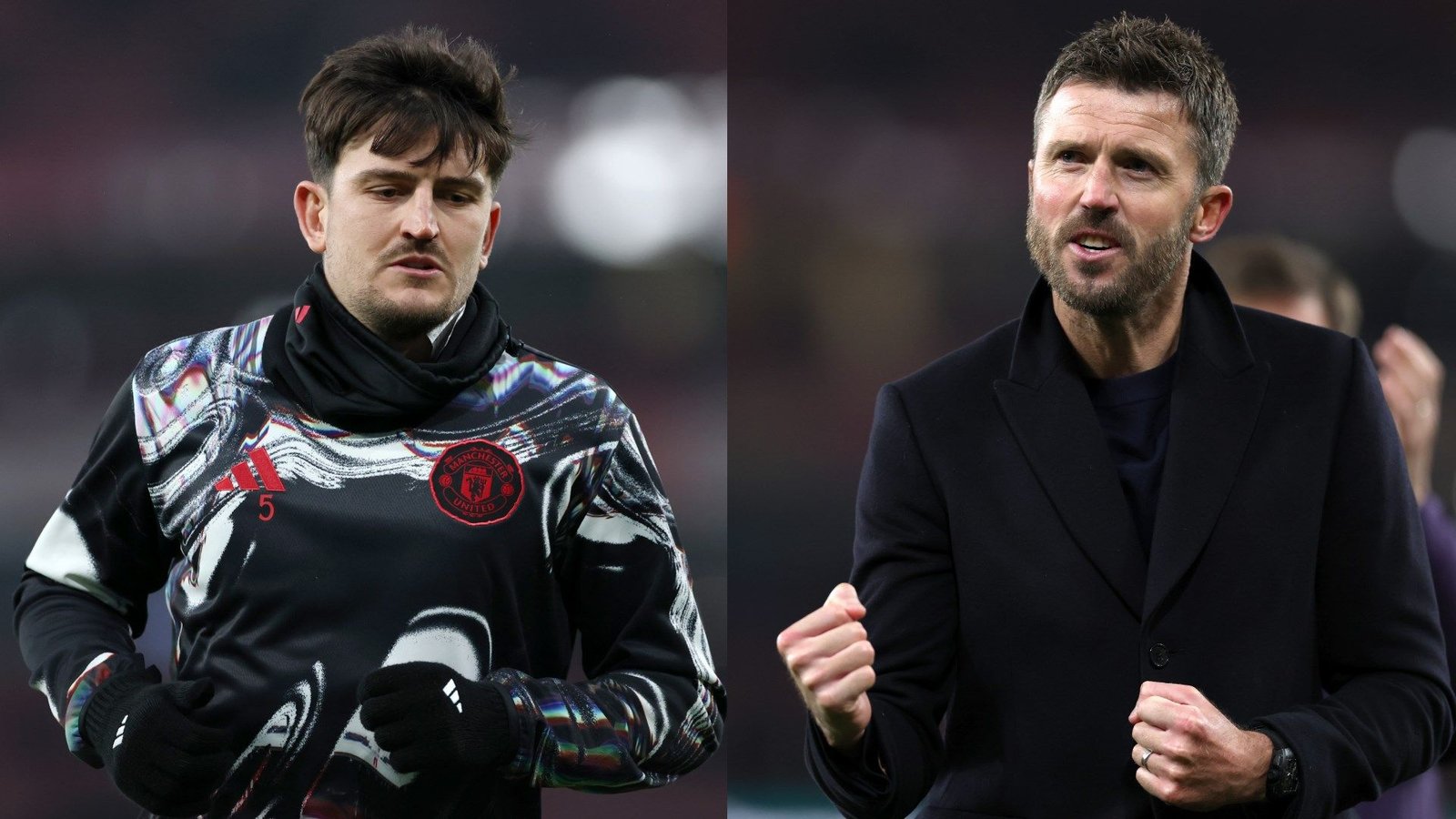 Harry Maguire in trainingskleding van Manchester United, er serieus uitziend, naast Michael Carrick die een overwinning viert in een donkere jas.