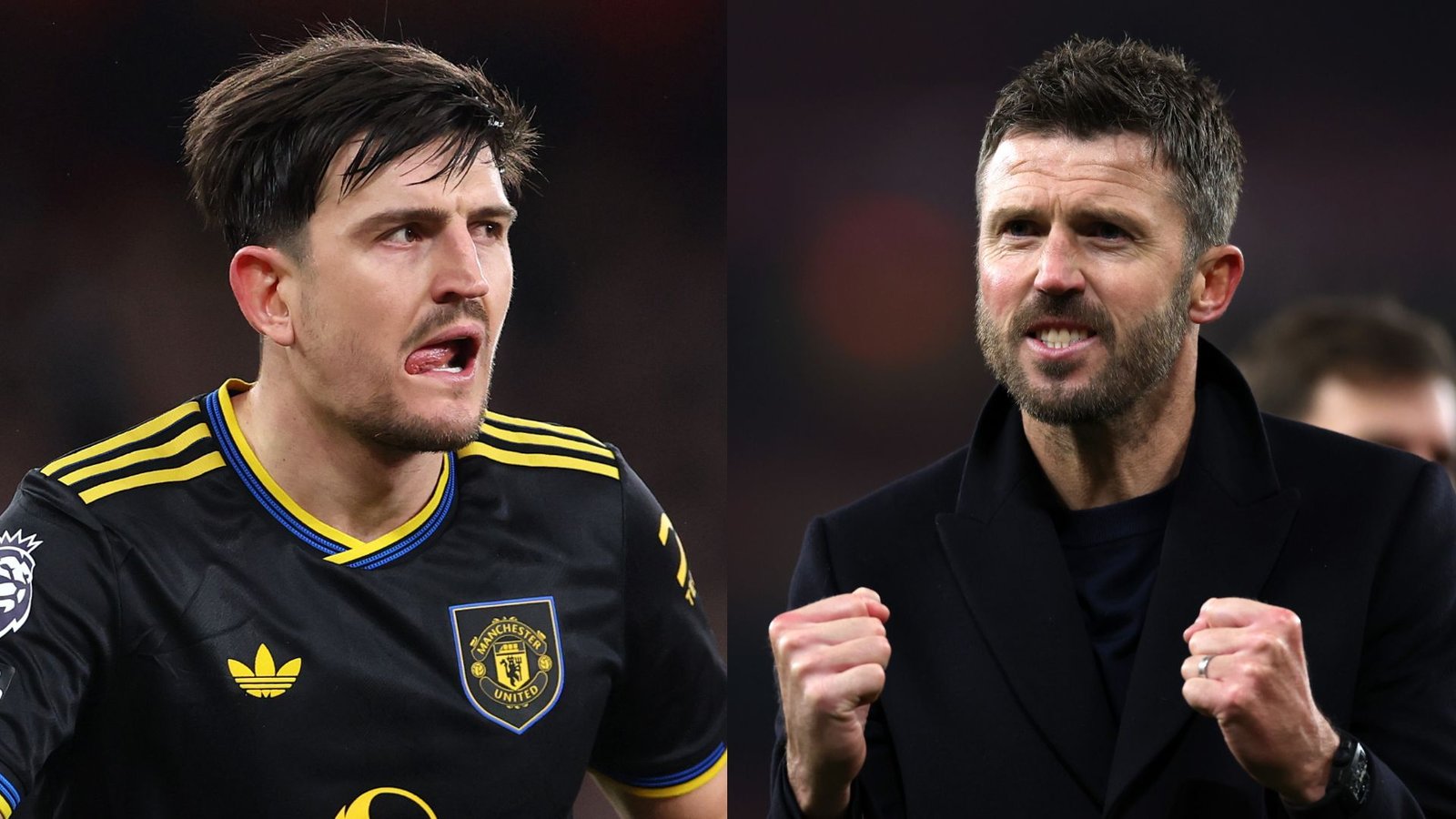 Harry Maguire in een zwart Manchester United-tenue met gele accenten, naast Michael Carrick die gepassioneerd viert in een donker jasje.