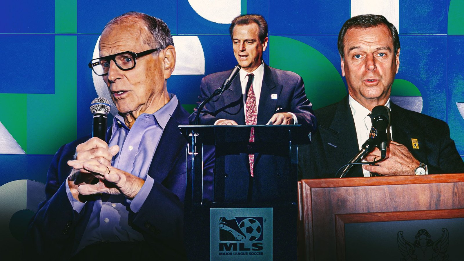 Alan Rothenberg and two other speakers at an event, discussing the impact of Major League Soccer, with MLS logo visible in the background.