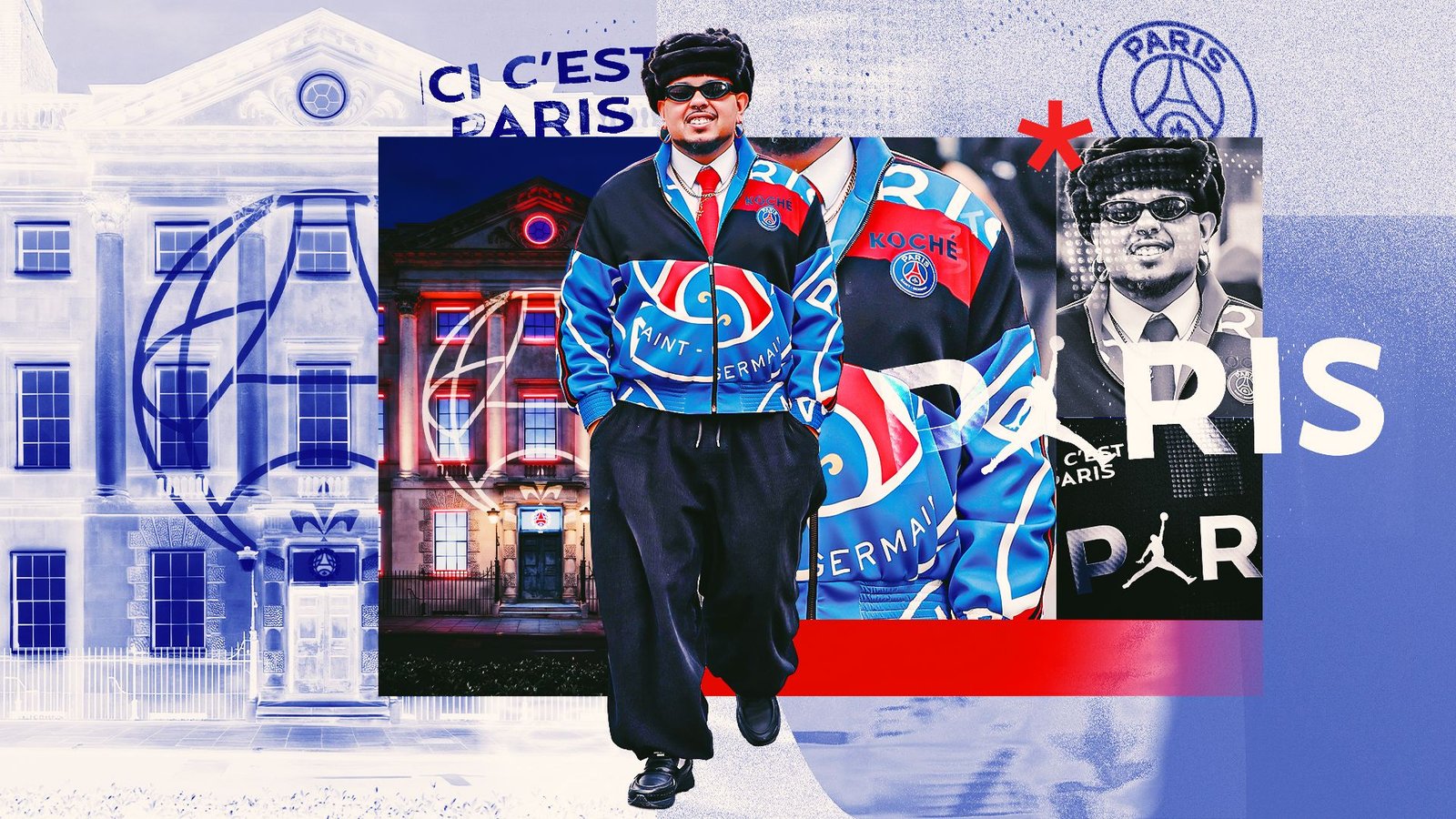 Stijlvol figuur in een PSG-jas loopt langs iconische Parijse architectuur, wat de culturele invloed en levendige teambranding van PSG toont.