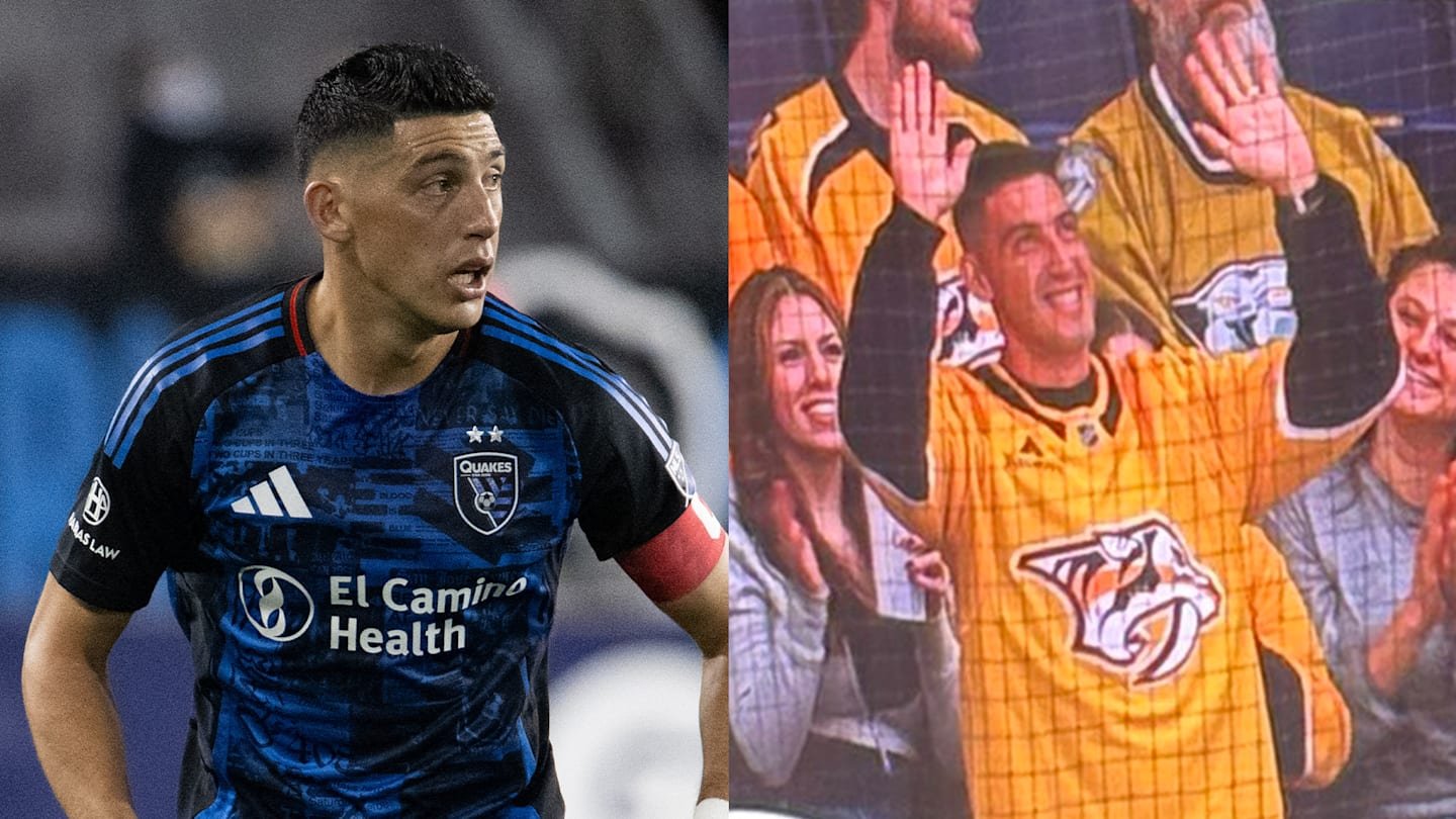 Le joueur des San Jose Earthquakes en tenue bleue réagit à gauche, tandis que les fans des Nashville Predators célèbrent en maillots jaunes à droite.