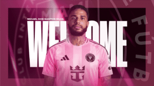 Micael Dos Santos Silva in pink Miami soccer jersey celebrating victory in Morocco soccer news.