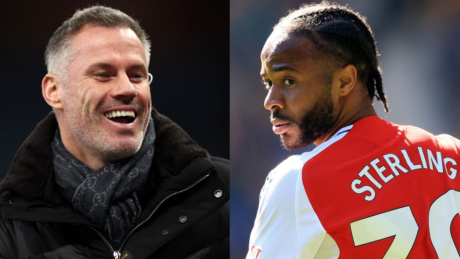 Jamie Carragher lachend in een zwarte jas, naast Raheem Sterling in een Arsenal-tenue, wat hun betrokkenheid bij voetbaldiscussies toont.