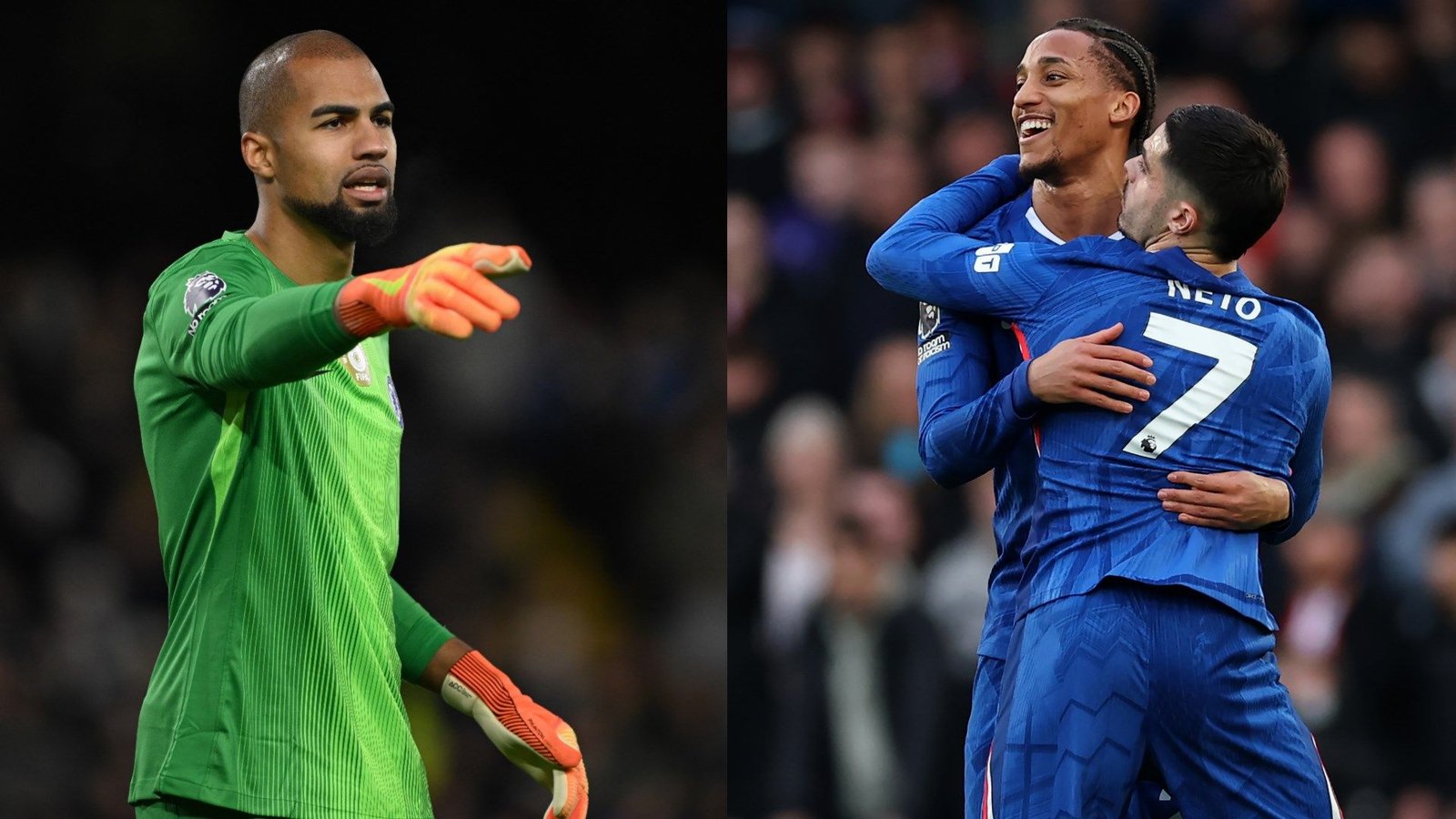 Le gardien de Chelsea, vêtu d'une tenue verte, gesticule tandis que ses coéquipiers en maillots bleus célèbrent un but, illustrant la joie et l'esprit d'équipe.