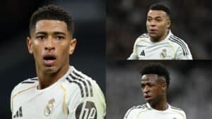 Jude Bellingham, Kylian Mbappé et Vinícius Júnior en tenue du Real Madrid, affichant des expressions durant un match, mettant en lumière leurs rôles dans le football.