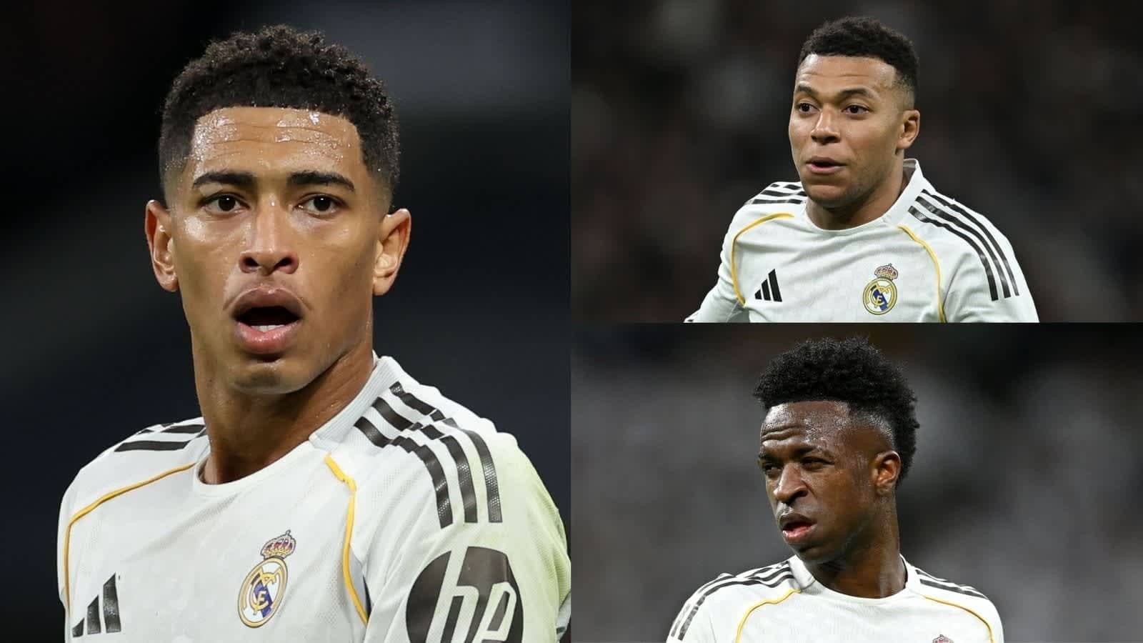 Jude Bellingham, Kylian Mbappé et Vinícius Júnior en tenue du Real Madrid, affichant des expressions durant un match, mettant en lumière leurs rôles dans le football.