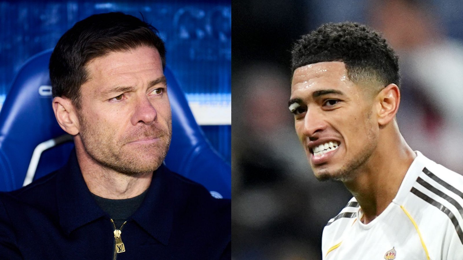 Xabi Alonso a l'air contemplatif sur la touche, tandis que Jude Bellingham sourit largement, montrant l'énergie et le travail d'équipe du Real Madrid.