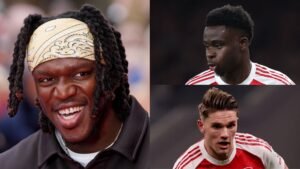 KSI lacht, gekleed in een zwart shirt met een gele bandana, naast Arsenal-spelers Bukayo Saka en Oleksandr Zinchenko in teamtenues.