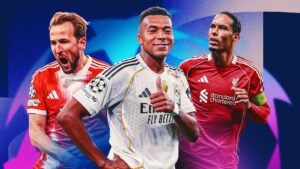 Harry Kane viert in een rood tenue, Kylian Mbappé geeft een duim omhoog in een wit Real Madrid-shirt, en Virgil van Dijk poseert in Liverpool's rode shirt.