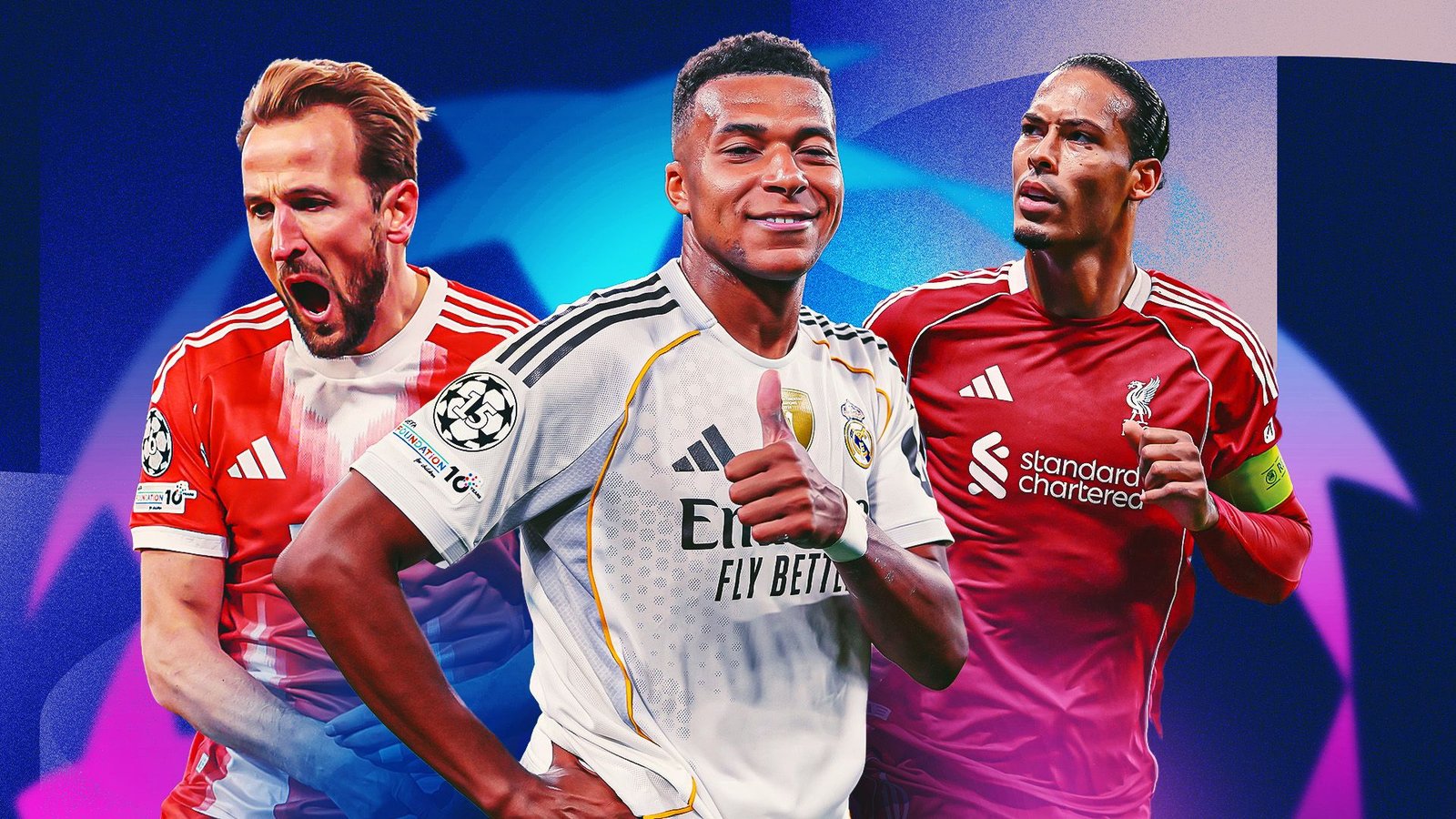 Harry Kane viert in een rood tenue, Kylian Mbappé geeft een duim omhoog in een wit Real Madrid-shirt, en Virgil van Dijk poseert in Liverpool's rode shirt.