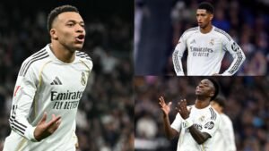 Kylian Mbappé célèbre avec passion dans le maillot blanc du Real Madrid, tandis que ses coéquipiers Jude Bellingham et Vinícius Júnior affichent des émotions variées lors d'un match contre Levante.