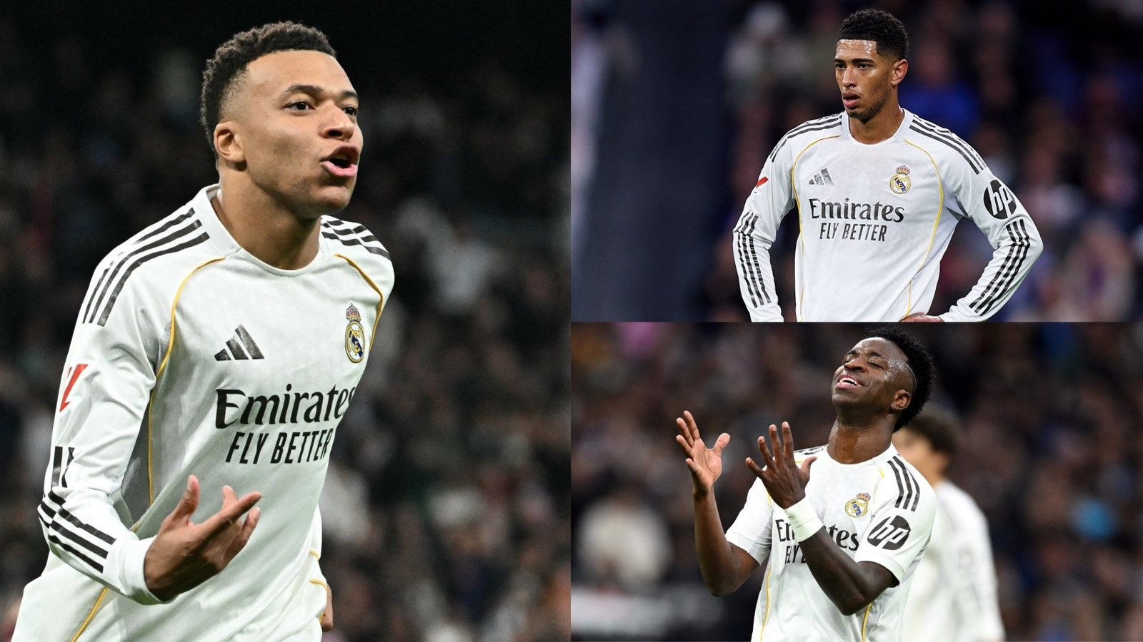 Kylian Mbappé célèbre avec passion dans le maillot blanc du Real Madrid, tandis que ses coéquipiers Jude Bellingham et Vinícius Júnior affichent des émotions variées lors d'un match contre Levante.
