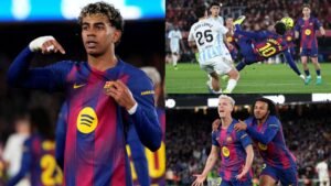 Lamine Yamal viert feest in Barcelona's levendige tenue en laat zijn vaardigheden zien tijdens een wedstrijd tegen Oviedo. Teamcamaraderie straalt ervan af wanneer spelers reageren op een sleutelmoment.