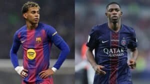 Lamine Yamal en tenue bleu et bordeaux du FC Barcelone, aux côtés d'Ousmane Dembélé en maillot bleu foncé du Paris Saint-Germain, tous deux affichant les couleurs de leur club.