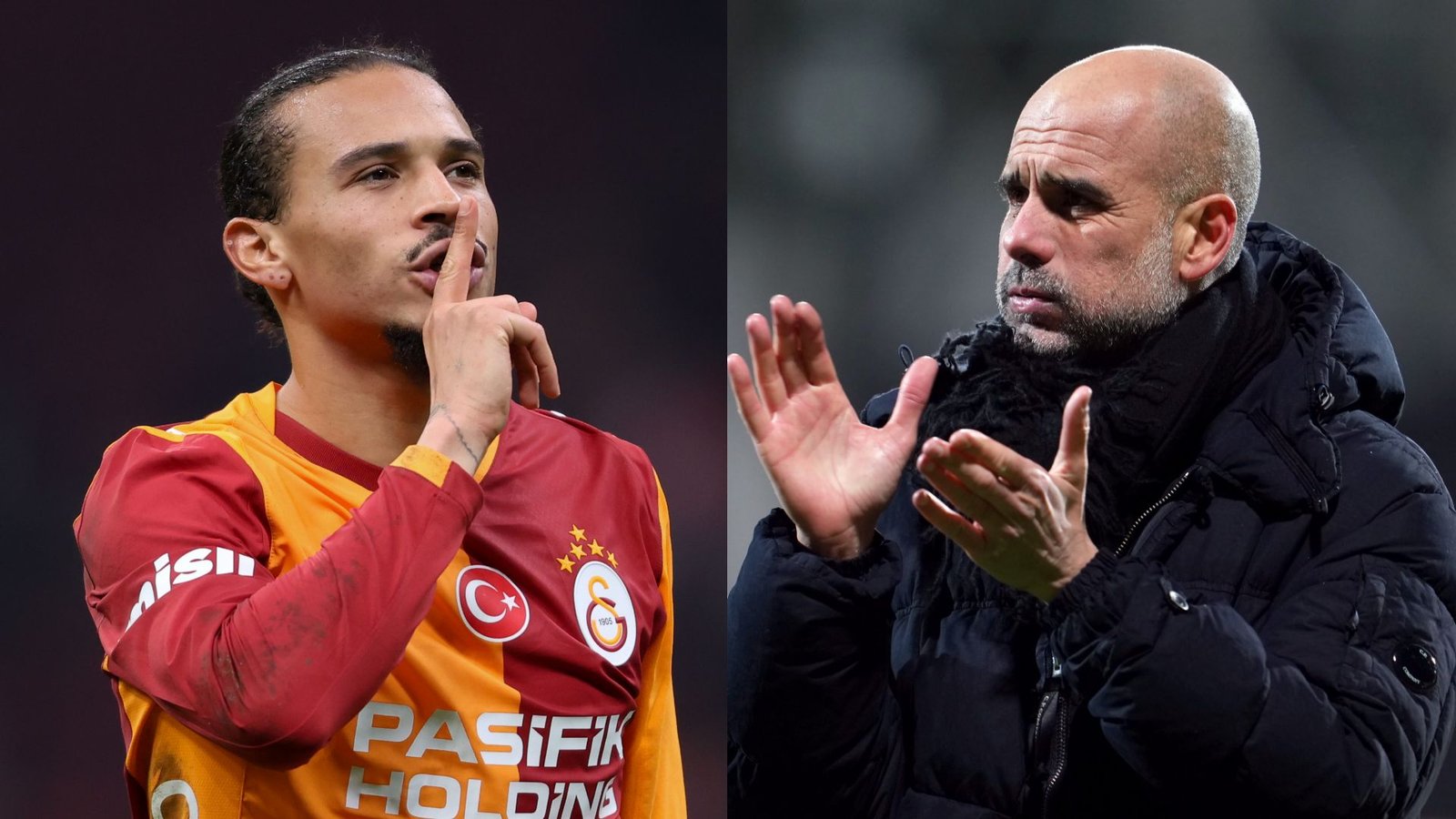 Leroy Sané van Galatasaray maakt een stiltegebaar met zijn vinger, terwijl Pep Guardiola op de achtergrond gepassioneerd gebaart in een zwarte jas.
