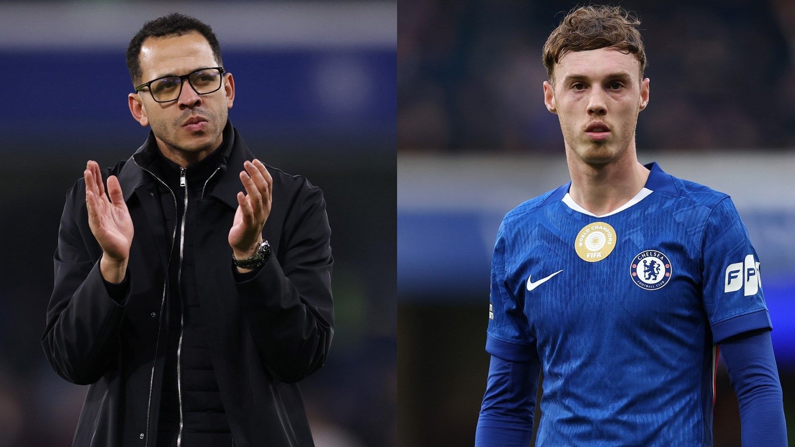 Liam Rosenior klapt in een zwart jasje aan de linkerkant, terwijl Cole Palmer in het blauwe tenue van Chelsea aan de rechterkant staat, er geconcentreerd uitziet.