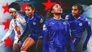 Lindsey Heaps et Cat Macario en tenue de Chelsea, illustrant une action dynamique sur fond d'étoiles rouges, mettant en lumière leur parcours footballistique.