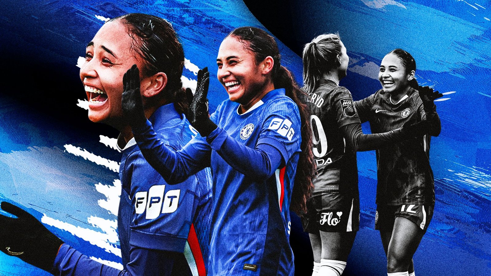 Chelsea-spelers vieren uitbundig in levendig blauw tenue, tonen teamwork en opwinding, tegen een dynamische blauwe achtergrond.