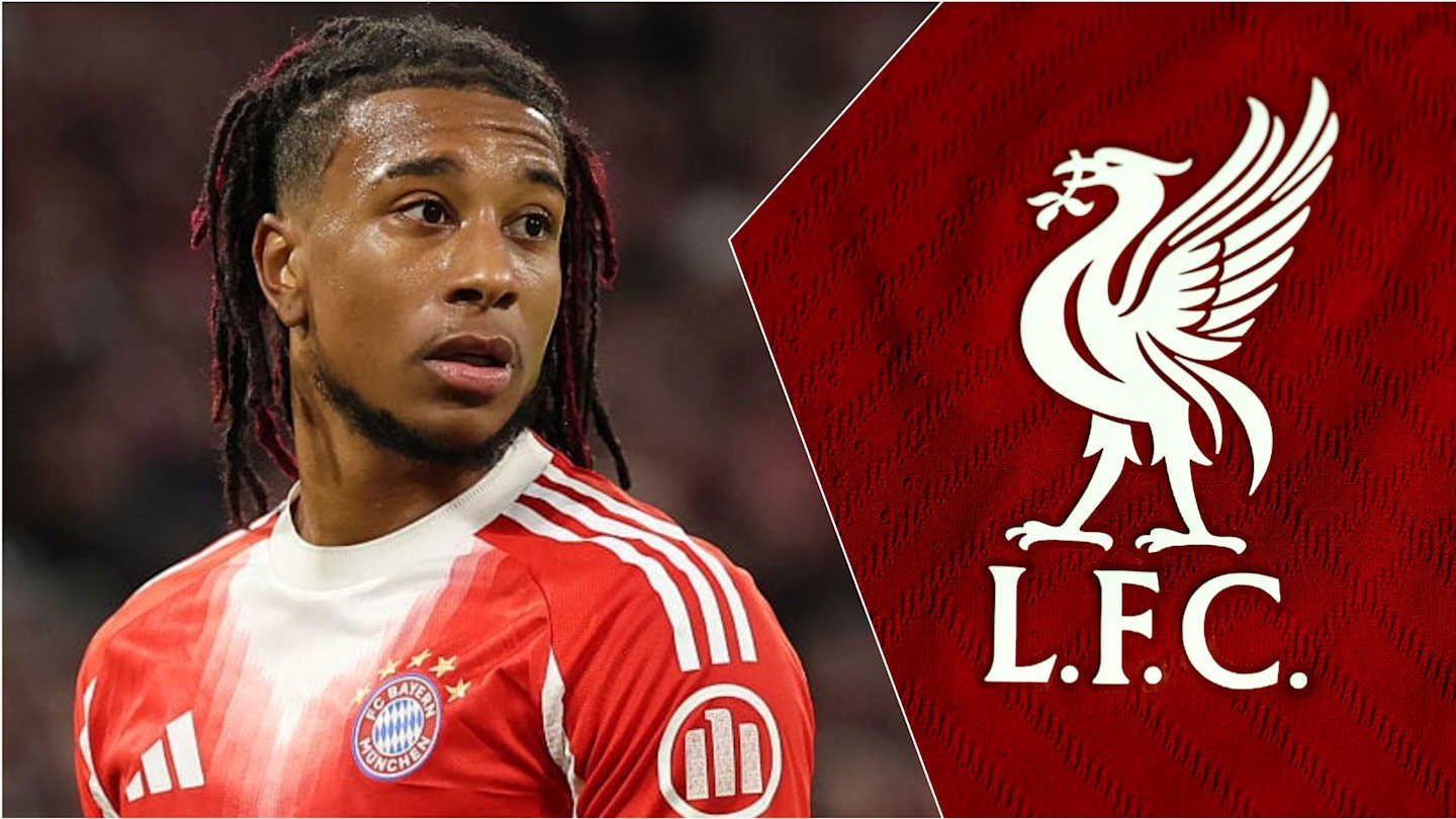 Michael Olise en tenue du Bayern Munich, le regard intense, aux côtés d'un logo audacieux du Liverpool FC sur un fond rouge saisissant.