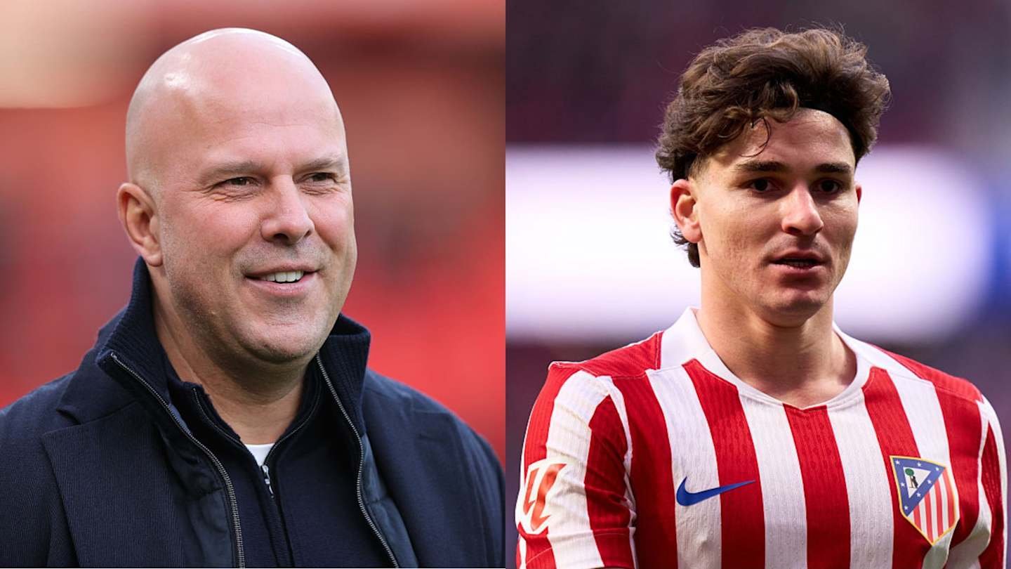 Bald coach smiling on the left side; Atlético Madrid player in red and white striped kit on the right, both amid a blurred stadium backdrop.