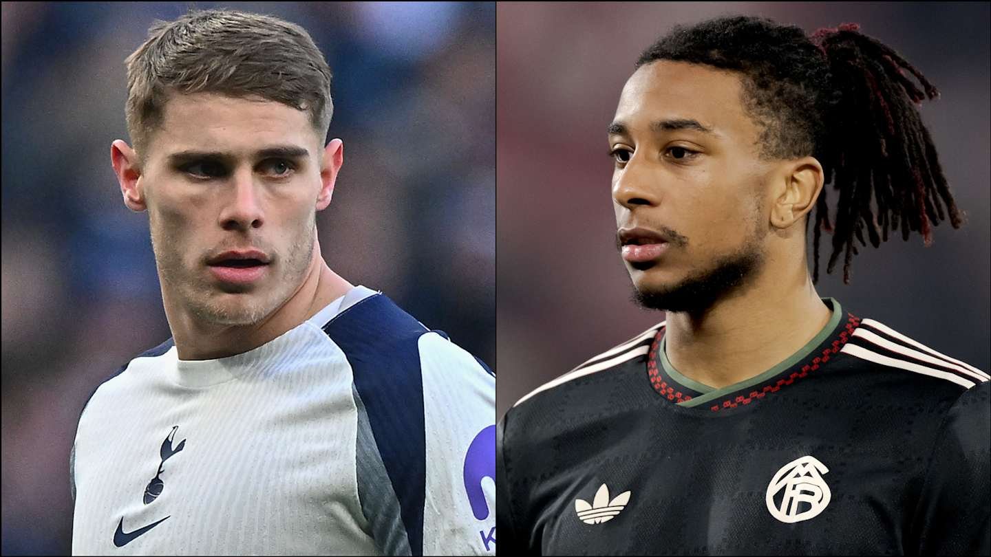 Un joueur de Tottenham en maillot blanc aux côtés d'un joueur en maillot noir à motif rouge, tous deux affichant des expressions intenses.