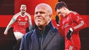 Gabriel Martinelli célèbre pour Arsenal, un sérieux entraîneur de Liverpool et un joueur de Liverpool déçu, se détachant sur un fond rouge vif.