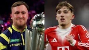 Luke Littler brandit un trophée, souriant dans une tenue bleue et jaune, tandis que Lennart Karl du Bayern Munich court en tenue rouge et blanche, l'air concentré.