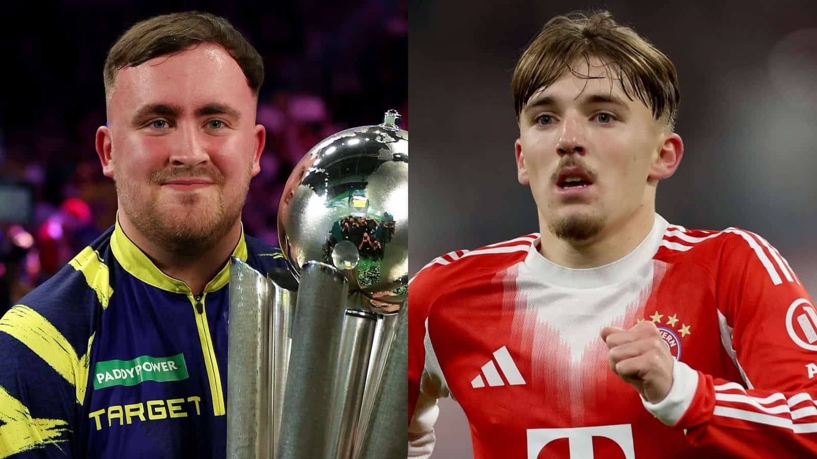 Luke Littler brandit un trophée, souriant dans une tenue bleue et jaune, tandis que Lennart Karl du Bayern Munich court en tenue rouge et blanche, l'air concentré.